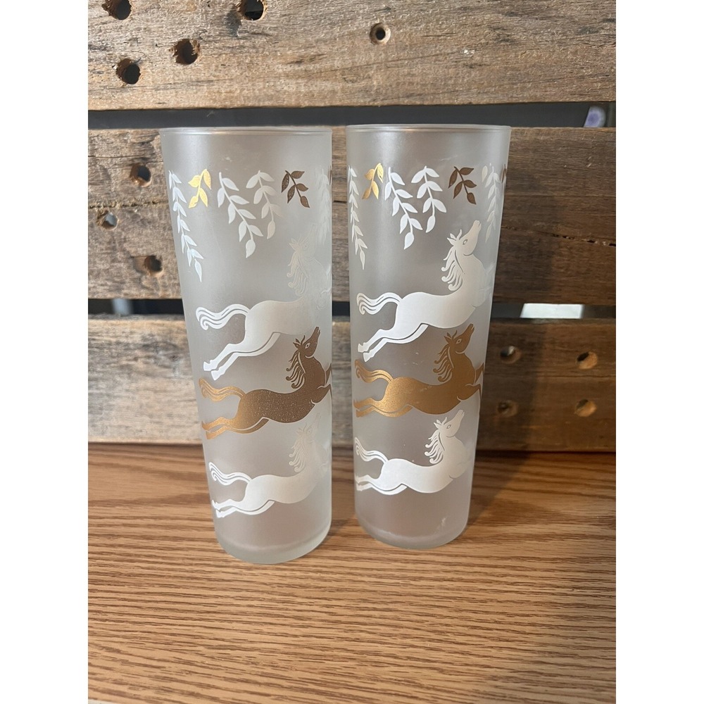 2 Vintage MCM Libbey Frosted Cavalcade Gold White Horses 7" Tom Collins Glasses